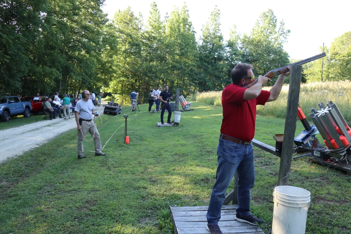 A shooter at the Five Stand shotgun range